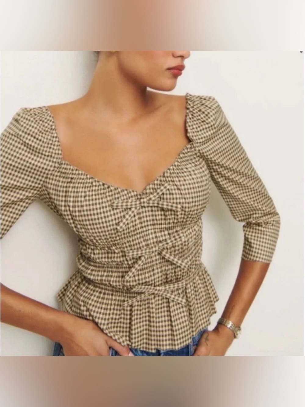 NWOT Reformation Lauryn Gingham Peplum Square-Neck Top in Beige - Picture 2 of 5